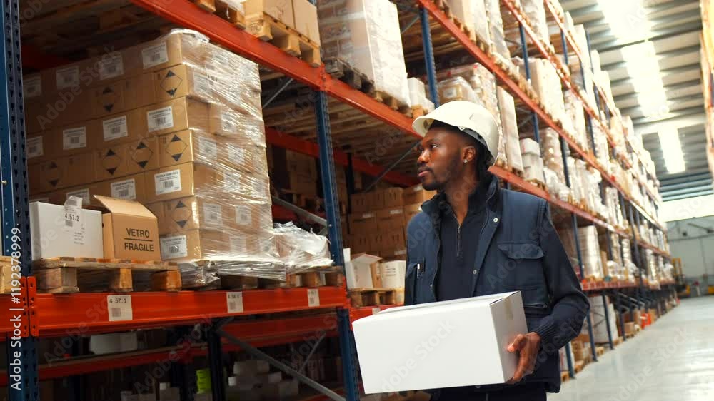 Warehouse worker carrying box in logistics center Warehouse worker carrying box in logistics center