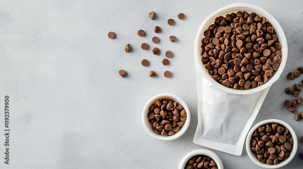 Minimal flat lay of white dog food pouch, neutral light. Minimal flat lay of white dog food pouch, neutral light.