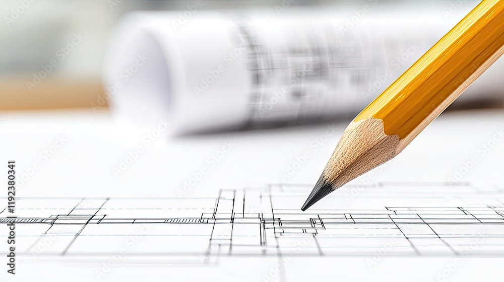 Architect project concept. Close-up of a pencil pointing at architectural blueprints on a table. Architect project concept. Close-up of a pencil pointing at architectural blueprints on a table.