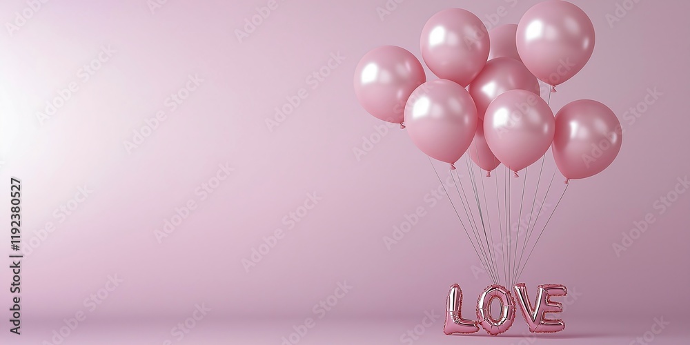 Obraz premium Floating letter balloons spell out love against a soft mauve background, creating an elegant and dreamy ambiance perfect for romantic events, parties, or weddings