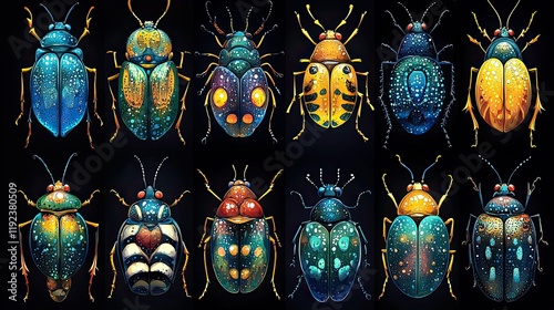 Twelve Vividly Colored Beetles Illustrated Against Black