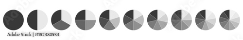 Wheel diagram divided from 1 to 10 parts silhouette, Pie chart infographic circle divided into pizza or pie segments, Vector flat icons.