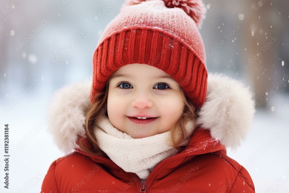 Portrait of happy smiling child wearing red winter clothes under the snowfall Portrait of happy smiling child wearing red winter clothes under the snowfall