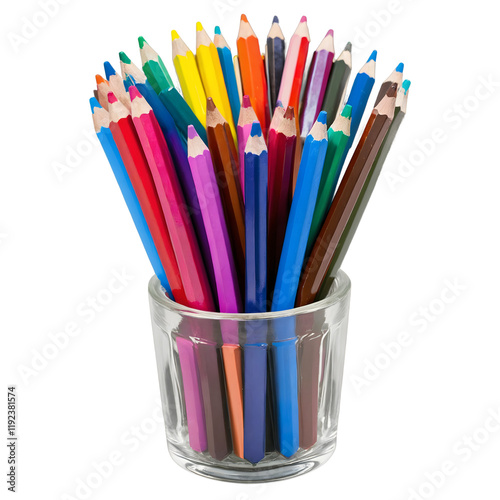 Color pencils in a cup isolated on a transparent background for creative and artistic projects usage