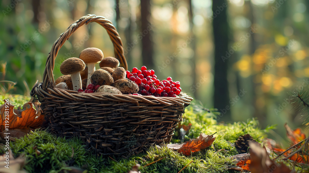 A basket overflowing with foraged mushrooms, berries, and nuts, resting on a bed of moss, with towering trees in the background. Earthy tones of greens, browns, and reds evoke the richness