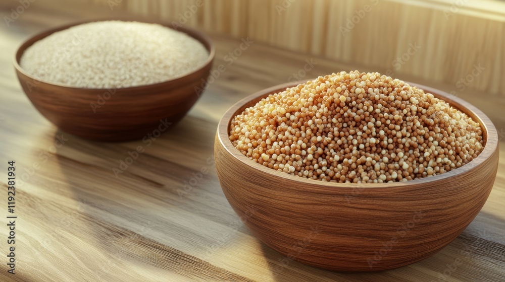 Close-up view of brown sorghum grain and white millet powder in wooden bowls on a table, showcasing high-resolution detail and a clean background for text placement Close-up view of brown sorghum grain and white millet powder in wooden bowls on a table, showcasing high-resolution detail and a clean background for text placement