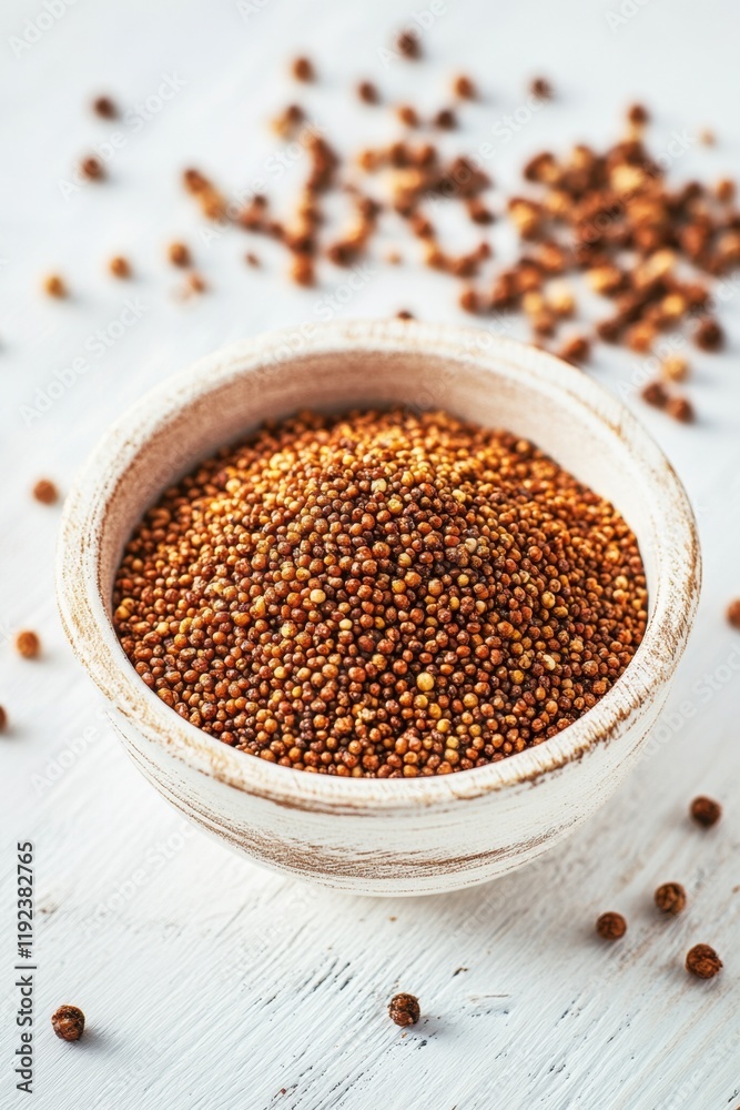 Natural sorghum grain and meal powder displayed on a wooden table illuminated by bright light for a close-up view Natural sorghum grain and meal powder displayed on a wooden table illuminated by bright light for a close-up view