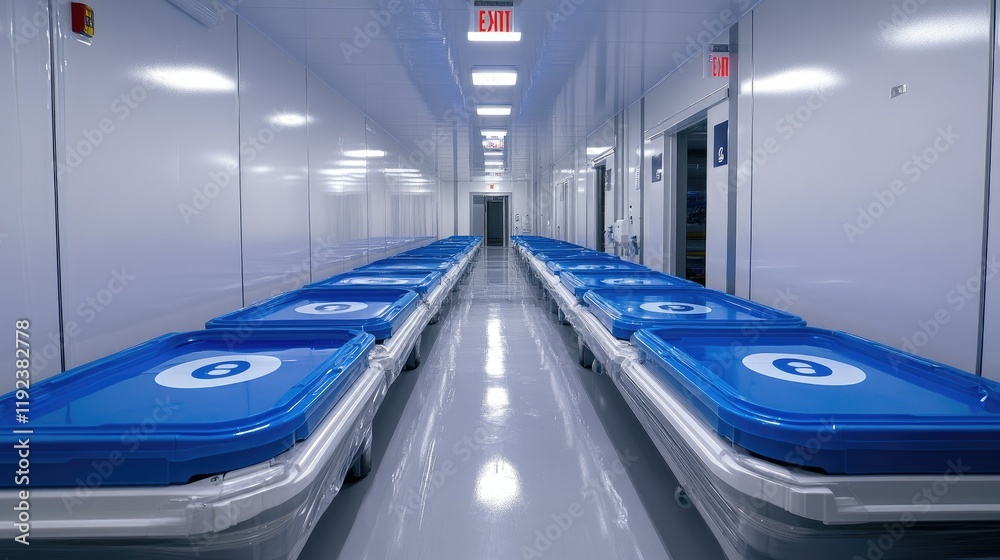 Fototapeta premium Cleanroom Corridor With Rows Of Blue Storage Bins