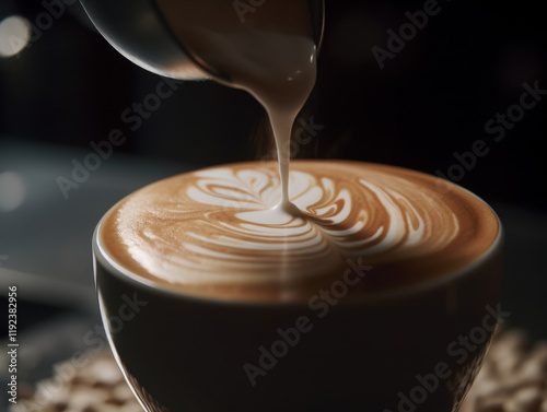 Masterful latte art creation in a cozy coffee shop during evening hours photo