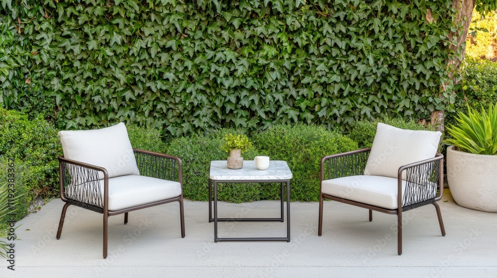 Patio furniture seating and minimal, A cozy outdoor seating area featuring two stylish chairs and a small table, surrounded by lush greenery. Patio furniture seating and minimal, A cozy outdoor seating area featuring two stylish chairs and a small table, surrounded by lush greenery.