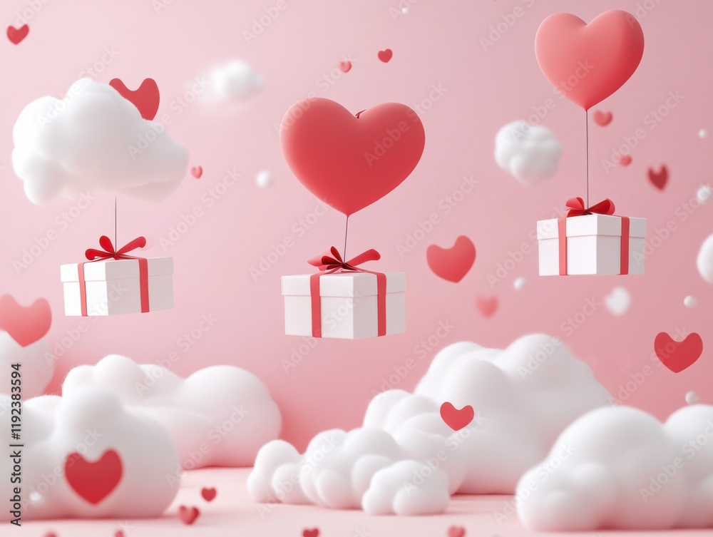 Heart Balloons and Gift Boxes Floating Among Fluffy Clouds Heart Balloons and Gift Boxes Floating Among Fluffy Clouds
