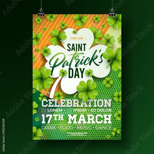 Saint Patrick's Day Party Flyer Illustration with Falling Clover Leaves on Abstract Colorful Background. Irish Traditional St. Patricks Day Lucky Celebration Vector Design for Flyer, Greeting Card