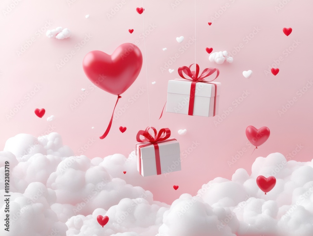 Heart Balloons and Gift Boxes Floating Among Fluffy Clouds Heart Balloons and Gift Boxes Floating Among Fluffy Clouds