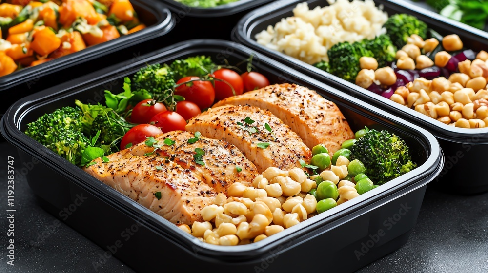 Nutrition routine, systematic meal prep, visually appealing and balanced foods Nutrition routine, systematic meal prep, visually appealing and balanced foods