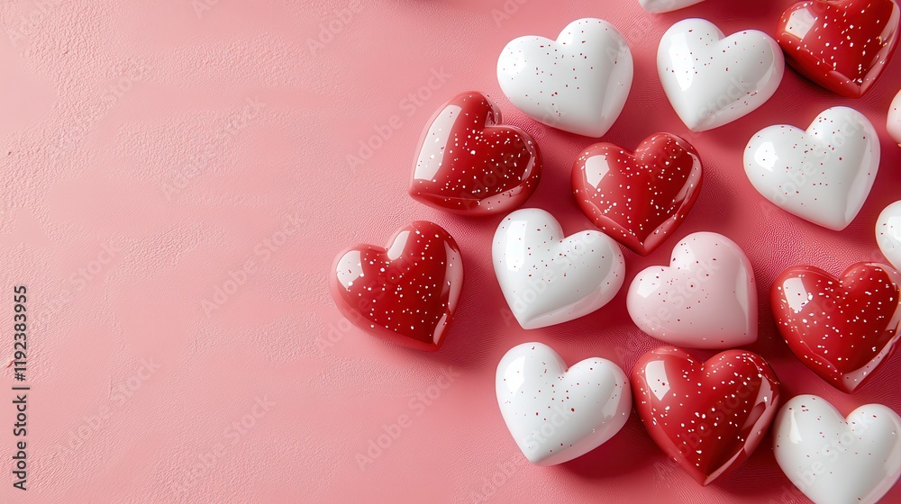 Colorful heart-shaped candies in red, white, and pink arranged on a pastel pink background, perfect for celebrations and romantic occasions. Colorful heart-shaped candies in red, white, and pink arranged on a pastel pink background, perfect for celebrations and romantic occasions.