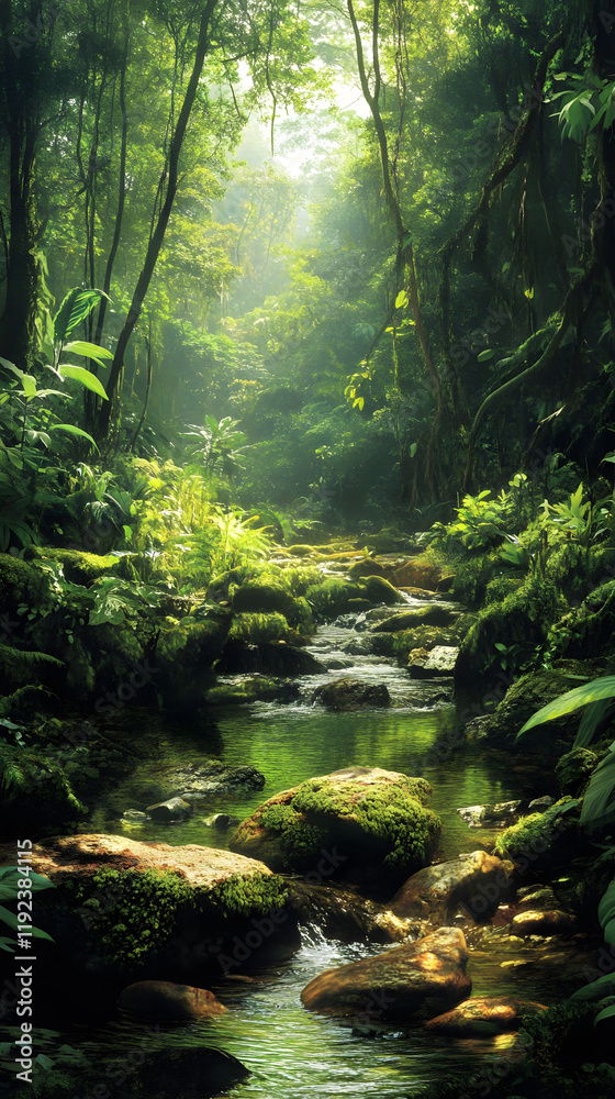 Obraz premium Enchanted Rainforest Stream: A Serene Escape into Lush Green Nature