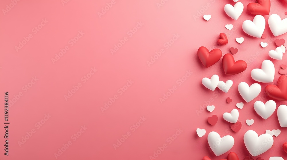 A vibrant arrangement of red and white hearts scattered against a soft pink background, symbolizing love and affection. A vibrant arrangement of red and white hearts scattered against a soft pink background, symbolizing love and affection.
