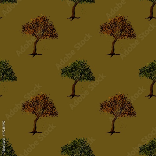 Seamless fabric design featuring trees in various colors on a muted background photo