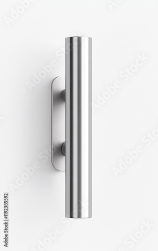 Modern minimalist silver metal door handle on white wall.