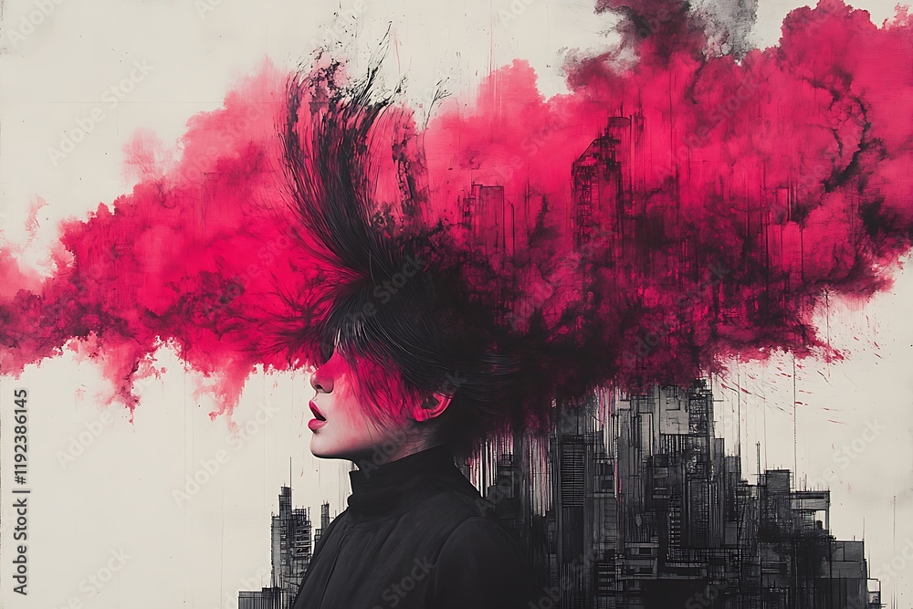 Obraz premium A woman with flowing pink hair merges with a dark cityscape in a surreal, artistic portrait.