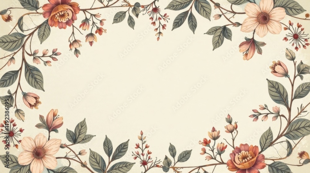 Obraz premium Elegant Floral Border Design with Delicate Blooms and Lush Greenery for Artistic Projects