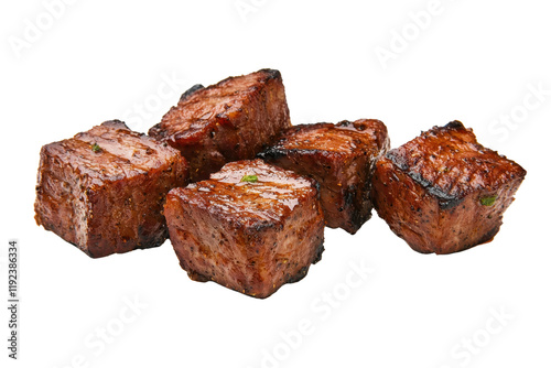 A Juicy grilled beef cubes seasoned with herbs, showcasing delicious and savory texture. Perfect for barbecue or gourmet meal, these tender pieces are mouthwatering and flavorful