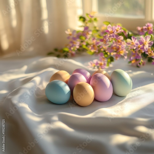 Easter eggs placed on a soft white tablecloth surrounded by natural sunlight. photo