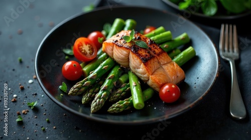 Grilled salmon fillet atop sauteed asparagus spears and cherry tomatoes on a dark plate