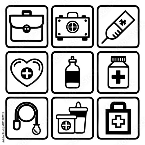 Set of Black-and-White Medical Icons in Minimalist Design