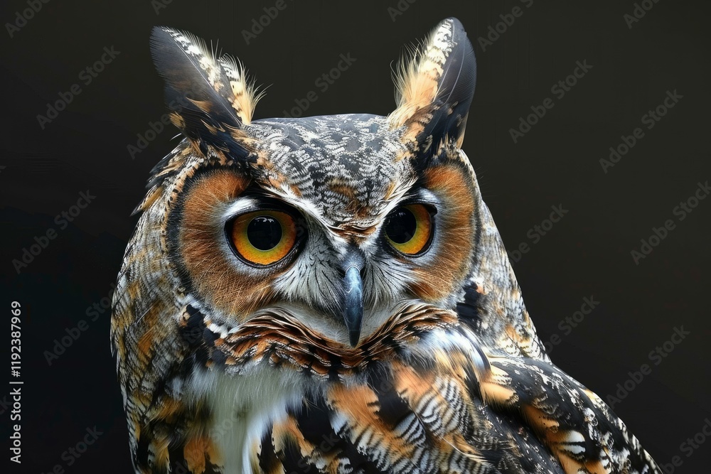 Close up of owl showing its beautiful plumage and intense orange eyes on a dark background Close up of owl showing its beautiful plumage and intense orange eyes on a dark background