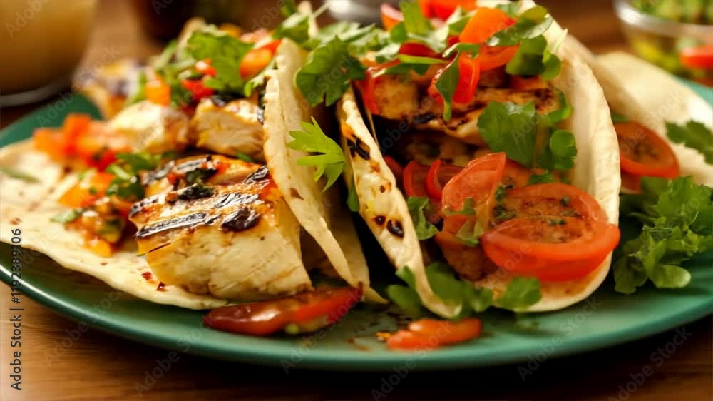 Colorful Grilled Chicken Tacos with Fresh Vegetables, Herbs, and Tomatoes Perfect Meal Bursting with Flavor and Cilantro for Any Occasion Colorful Grilled Chicken Tacos with Fresh Vegetables, Herbs, and Tomatoes Perfect Meal Bursting with Flavor and Cilantro for Any Occasion