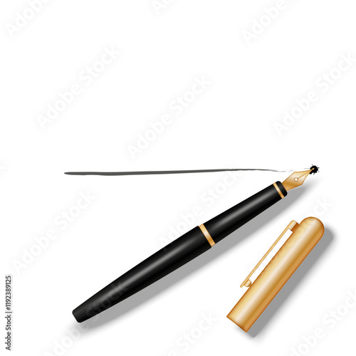 Luxurious black and gold fountain pen with underline and ink trail realistic vector 3d object isolated on white, symbolizing beginning, emphasis, creativity, and start of a story or post mockup.