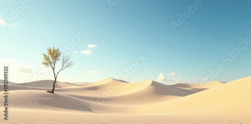 A solitary tree endures in a vast, sun-drenched desert landscape under a serene, clear sky