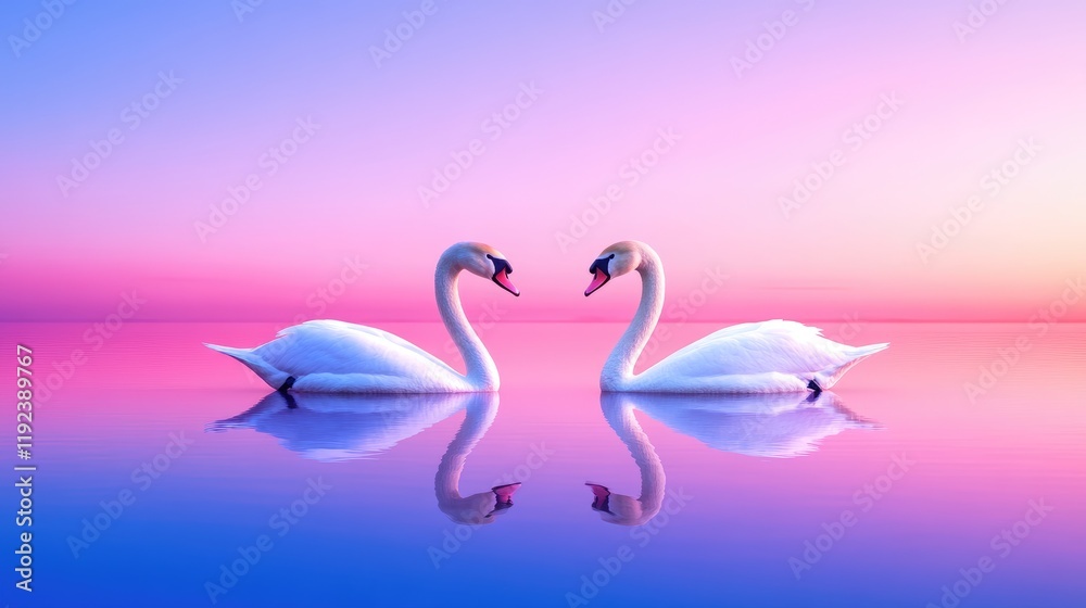 Fototapeta premium Two graceful swans facing each other on a calm lake at sunset, reflected in the water.
