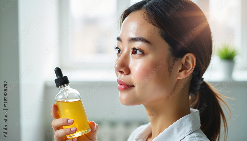 Thoughtful young Asian woman holding fish oil bottle in modern office, health awareness Thoughtful young Asian woman holding fish oil bottle in modern office, health awareness