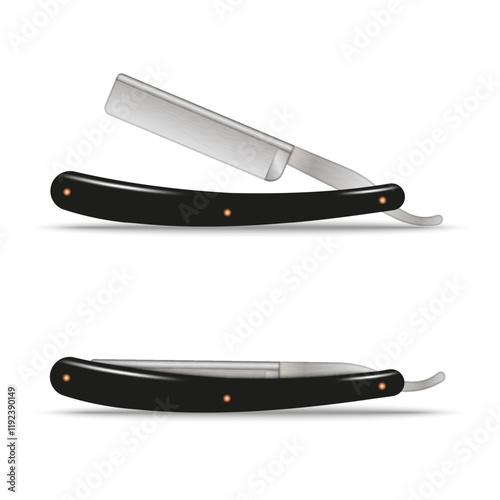 Traditional straight razor with black handle realistic vector 3d object isolated on white background, open and closed positions, showcasing vintage barber tools for professional shaving and grooming.