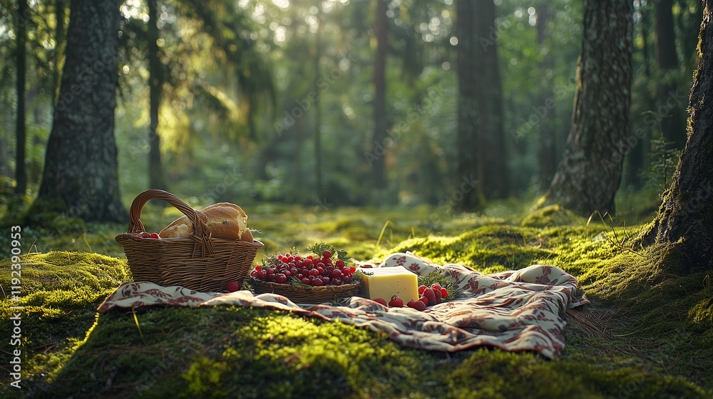 Obraz premium A picnic blanket spread out on moss, with a basket filled with fresh berries, cheese, and bread. Towering trees surround the scene, featuring earthy greens, browns, and reds for a rustic atmosphere.
