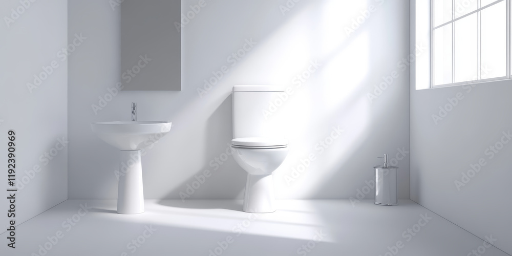 Modern minimalist bathroom design featuring a pedestal sink, toilet, and soap dispenser. Sunlight streams through a window, illuminating the clean white space.