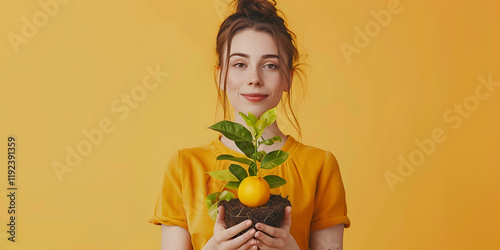 Person in yellow shirt holding a potted plant against a yellow background. photo