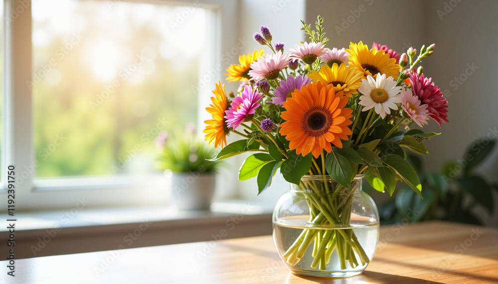 custom made wallpaper toronto digitalColorful bouquet of flowers in clear vase on wooden table, beauty of nature