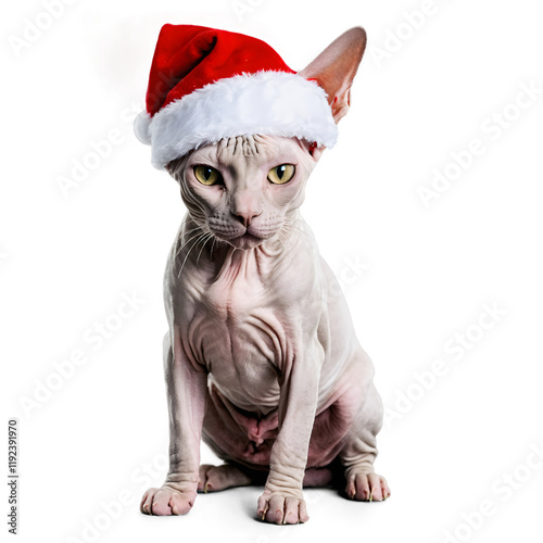 Charming and Playful Sphynx Cat Dressed in a Festive Santa Hat Perfect for Holiday Cheer and Decor