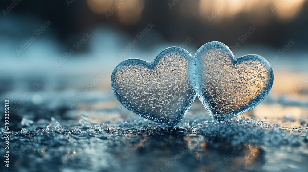 Fototapeta premium Hearts made of ice placed together on a reflective surface for Valentine's Day