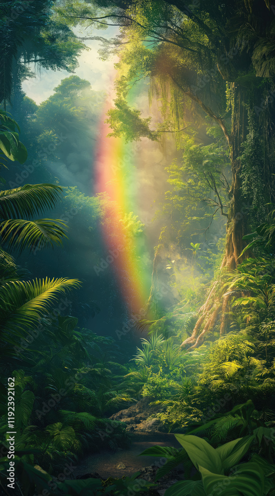 Fototapeta premium A Vibrant Moment Through a Rainforest Opening with Exotic Flora Beyond