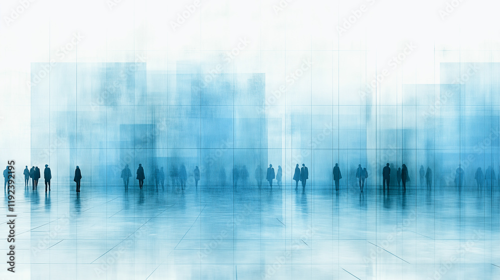 Obraz premium Blurred Cityscape: Silhouettes of people blend into a misty, blue-toned cityscape, creating an ethereal and abstract composition that speaks to urban life and the anonymity of a bustling crowd. 