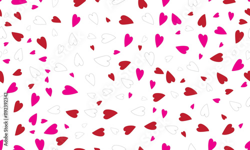 A charming seamless pattern of scattered red, pink, and white hearts perfect for Valentine's Day designs, romantic branding, wedding invitations, and more.  High-resolution image ideal for print a