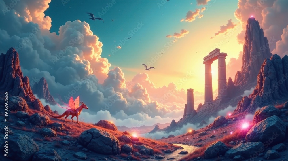 A Pink-Winged Dragon Soars Over a Mystical Mountain Range at Sunset, Passing Ancient Ruins and a Serene Stream A Pink-Winged Dragon Soars Over a Mystical Mountain Range at Sunset, Passing Ancient Ruins and a Serene Stream