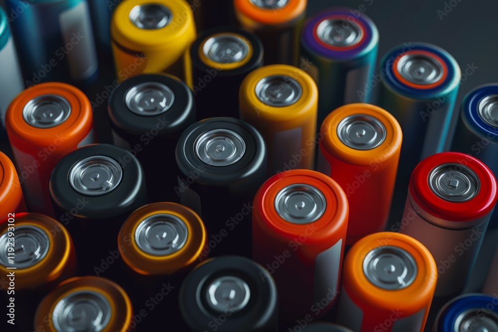 Many colorful aa batteries are arranged closely together, creating a vibrant and dense pattern, showcasing their positive terminals Many colorful aa batteries are arranged closely together, creating a vibrant and dense pattern, showcasing their positive terminals