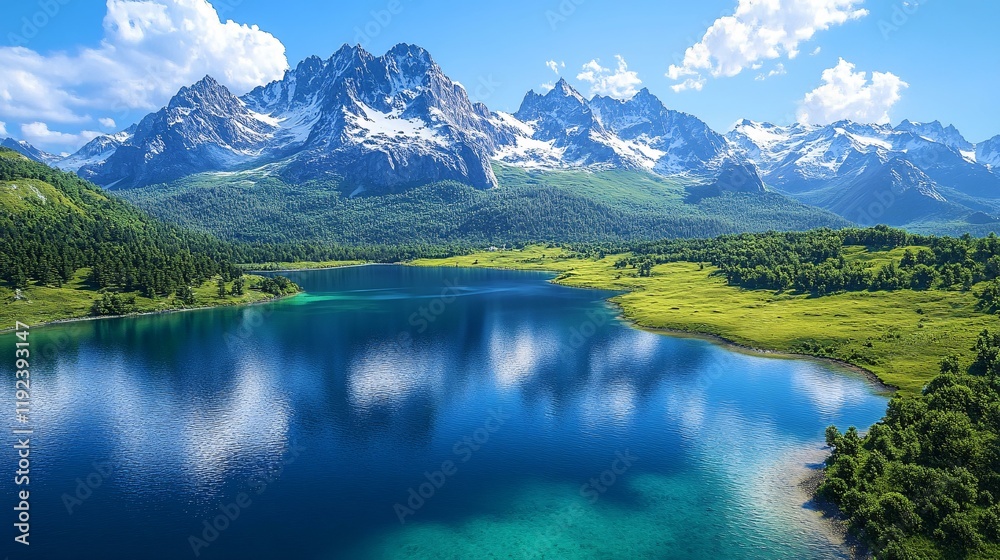 Obraz premium A realistic 3D landscape rendering of a serene mountain range with snow-capped peaks, a crystal-clear lake, and lush green forests.