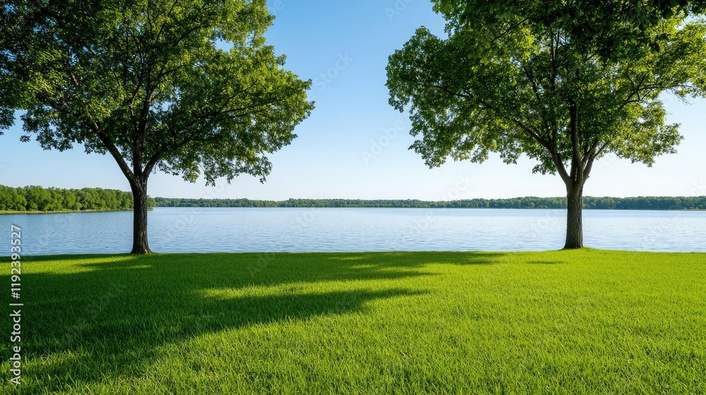 Fototapeta premium Minimal symmetry idea. Serene lake view with lush greenery and clear skies, perfect for nature enthusiasts.