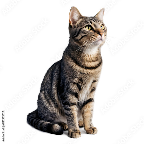 Gray Tabby Cat Sitting Isolated on Transparent Background for Use in Digital Design and Advertising Projects